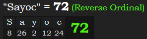 "Sayoc" = 72 (Reverse Ordinal)