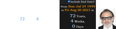 Michael Richards was a span of exactly 72 years, 4 weeks old when Mike Richards resigned: