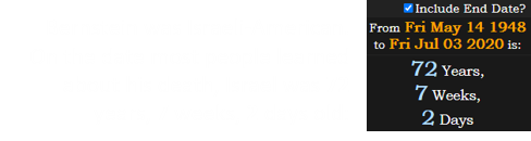 Bernstein was Israeli-American. On the date most people learned about his death, Israel was 72 years, 7 weeks, 2 days old: