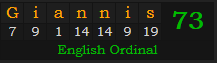 "Giannis" = 73 (English Ordinal)