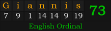 "Giannis" = 73 (English Ordinal)