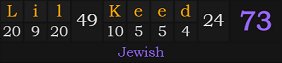 "Lil Keed" = 73 (Jewish)