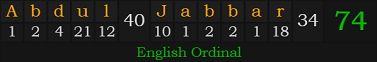 "Abdul-Jabbar" = 74 (English Ordinal)