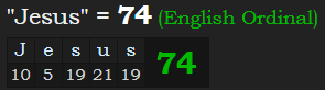 "Jesus" = 74 (English Ordinal)