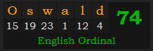 "Oswald" = 74 (English Ordinal)