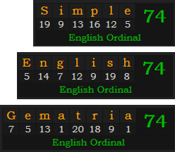 In Ordinal, Simple = 74, English = 74, Gematria = 74