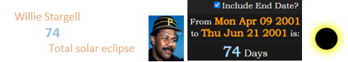 Willie Stargell died a span of 74 days before the next Total solar eclipse:
