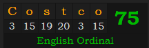 "Costco" = 75 (English Ordinal)