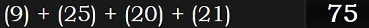 (9) + (25) + (20) + (21) = 75