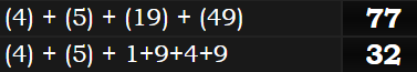 (4) + (5) + (19) + (49) = 77 and (4) + (5) + 1+9+4+9 = 32