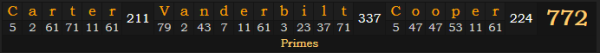 "Carter Vanderbilt Cooper" = 772 (Primes)