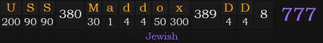 "USS Maddox DD" = 777 (Jewish)
