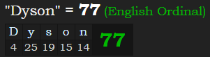 "Dyson" = 77 (English Ordinal)