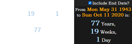 Today is 19 weeks, 1 day after Broadway Joe’s 77th birthday: