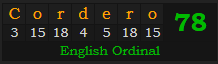 "Cordero" = 78 (English Ordinal)