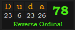 "Duda" = 78 (Reverse Ordinal)
