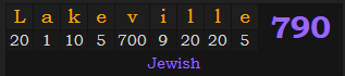 "Lakeville" = 790 (Jewish)
