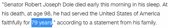 "Senator Robert Joseph Dole died early this morning in his sleep. At his death, at age 98, he had served the United States of America faithfully for 79 years," according to a statement from his family.