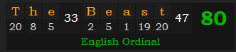 "The Beast" = 80 (English Ordinal)