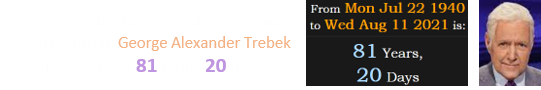 On the date his replacement was announced, George Alexander Trebek would have been 81 years, 20 days old: