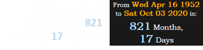 Patriots coach Bill Belichick was 821 months, 17 days old: