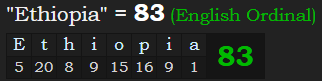 "Ethiopia" = 83 (English Ordinal)