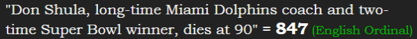 "Don Shula, long-time Miami Dolphins coach and two-time Super Bowl winner, dies at 90" = 847 (English Ordinal)