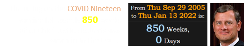 The ruling on the COVID Nineteen vaccine fell exactly 850 weeks after Chief Justice Roberts was sworn in to the Court: