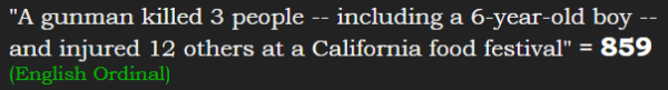 "A gunman killed 3 people -- including a 6-year-old boy -- and injured 12 others at a California food festival" = 859 (English Ordinal)