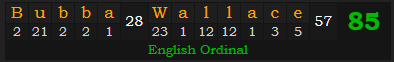 "Bubba Wallace" = 85 (English Ordinal)