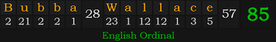 "Bubba Wallace" = 85 (English Ordinal)