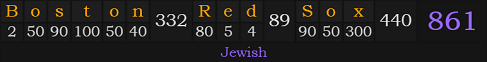 "Boston Red Sox" = 861 (Jewish)