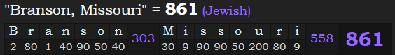"Branson, Missouri" = 861 (Jewish)