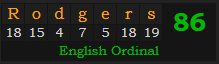 "Rodgers" = 86 (English Ordinal)