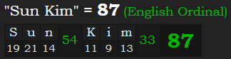 "Sun Kim" = 87 (English Ordinal)