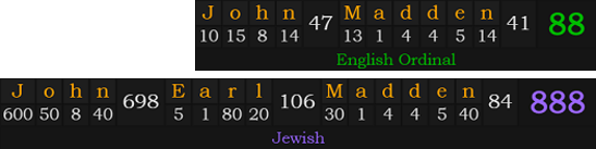 John Madden = 88 Ordinal and John Earl Madden = 888 Jewish