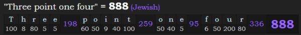 "Three point one four" = 888 (Jewish)