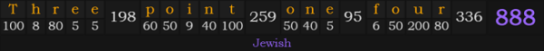 "Three point one four" = 888 (Jewish)