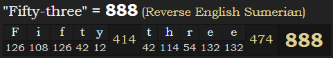 "Fifty-three" = 888 (Reverse English Sumerian)