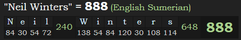 "Neil Winters" = 888 (English Sumerian)