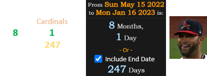 Pujols’ performance for the Cardinals fell 8 months, 1 day (or a span of 247 days) before his next birthday: