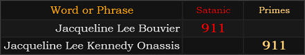 Jacqueline Lee Bouvier = 911 Satanic and Jacqueline Lee Kennedy Onassis = 911 Primes