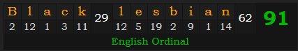 "Black lesbian" = 91 (English Ordinal)