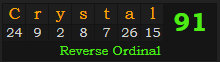 "Crystal" = 91 (Reverse Ordinal)