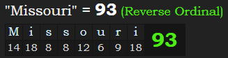 "Missouri" = 93 (Reverse Ordinal)