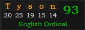 "Tyson" = 93 (English Ordinal)