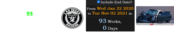 The car crash happened exactly 93 weeks after the Raiders announced their move to Las Vegas: