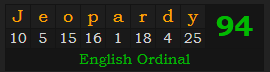 "Jeopardy" = 94 (English Ordinal)