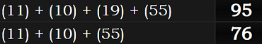 (11) + (10) + (19) + (55) = 95 and (11) + (10) + (55) = 76