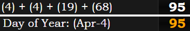 (4) + (4) + (19) + (68) = 95 and April 4th is the 95th day of a leap year